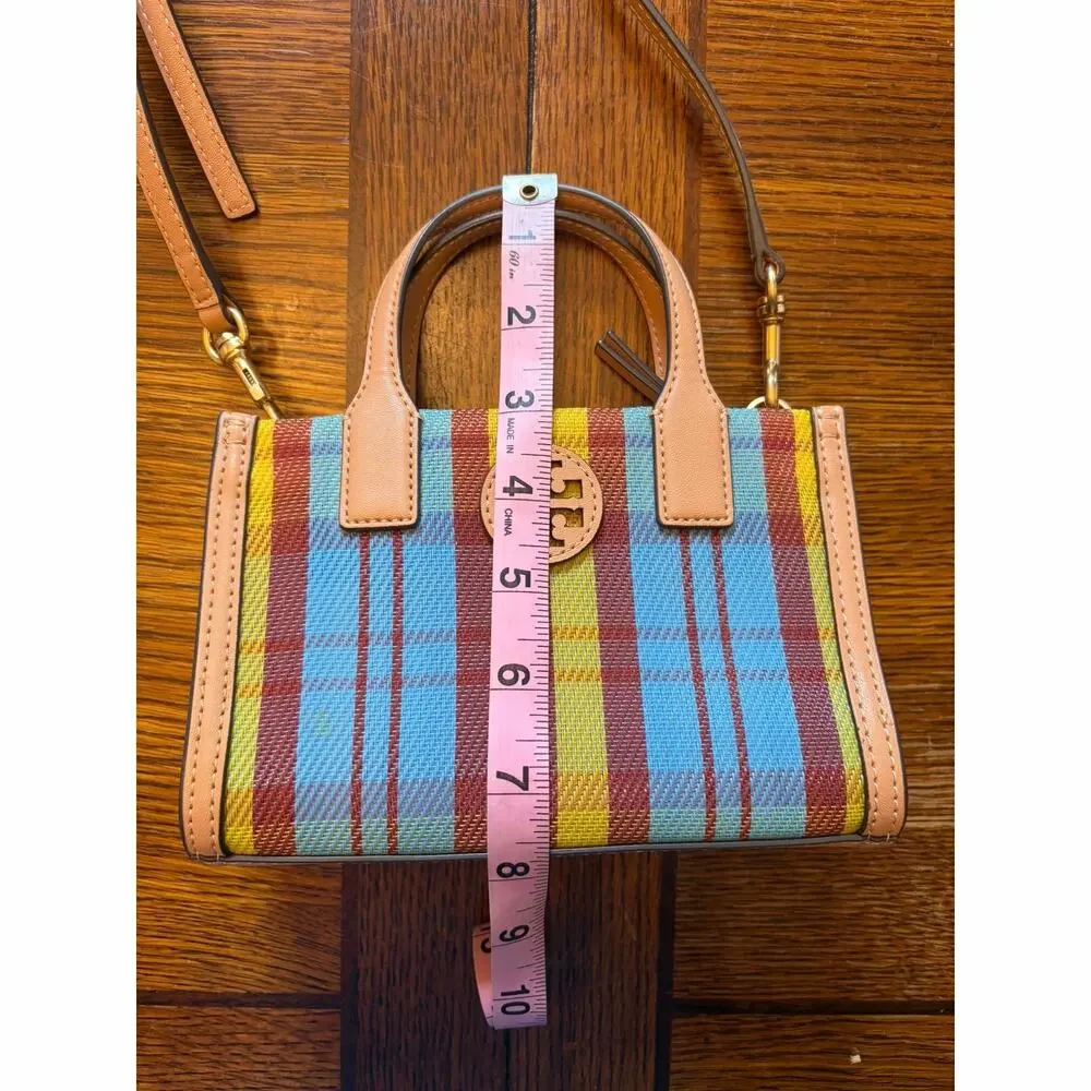 Tory Burch Ella Mini Plaid Top Handle Crossbody Tote Bag Multicolor Leather Trim - Picture 11 of 16